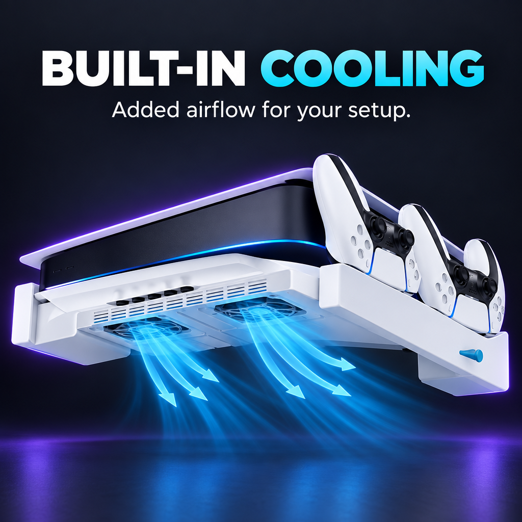 PS5 Horizontal Cooling Stand with Controller Charging & Game Storage | Disc & Digital Editions