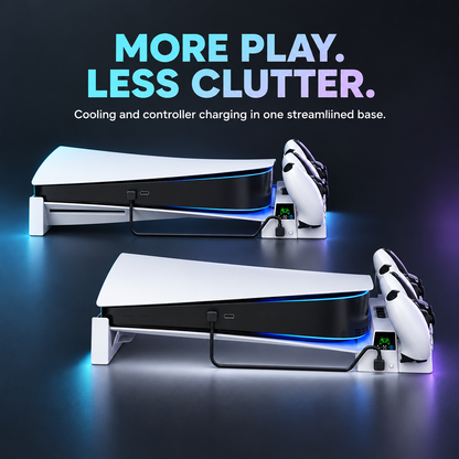 PS5 Horizontal Cooling Stand with Controller Charging & Game Storage | Disc & Digital Editions