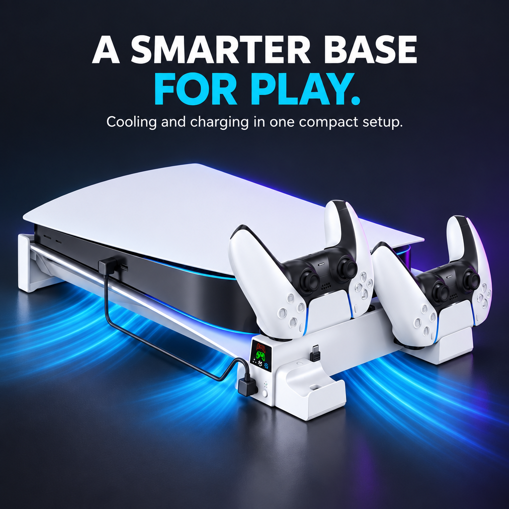PS5 Horizontal Cooling Stand with Controller Charging & Game Storage | Disc & Digital Editions
